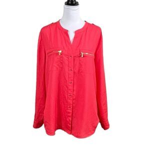 Calvin Klein Women’s Long Sleeve Watermelon Red Button Front V-Neck Blouse, XL?